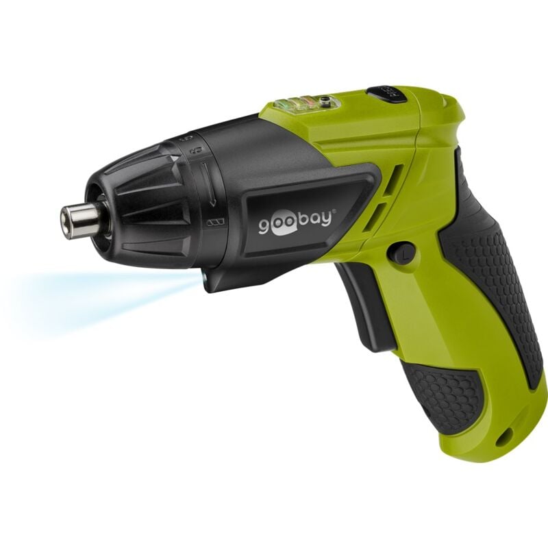 Mini-Akkuschrauber 3,6 V mit LED-Leuchte, inkl. 3x 25 mm CRV Bitsatz, 1x Bitverlängerung, 2x Bohrer.