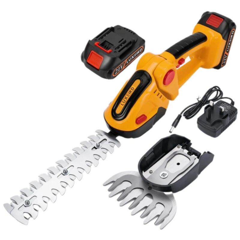 Akkubetriebene Heckenschere, 2-in-1 21V wiederaufladbare kabellose Grasschere mit 2 Klingen und Ladegerät, 1 x 6000 mAh Akku, kabellose Heckenschere