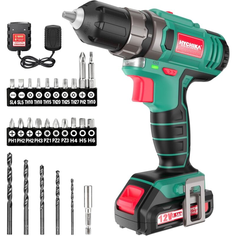 Akkuschrauber 12V, 30-Nm max. 1500mAh Drehmoment, 1 Stunde Schnellladung, 4 x Flachbohrer, 6 x Spiralbohrer, 6 x Schraubenbits, 5 x