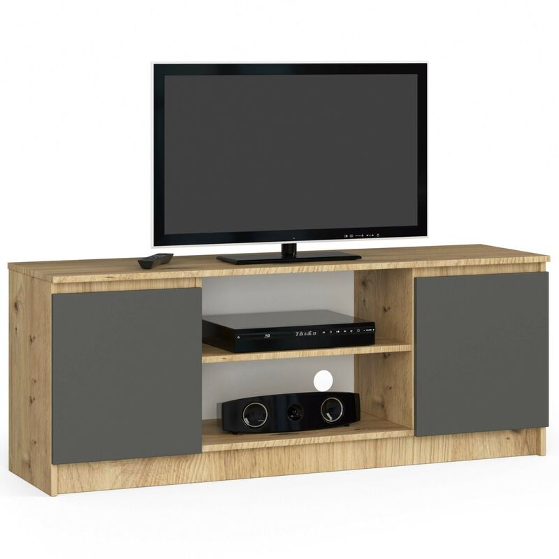 Tv Schrank Akord Fernsehkommode 140 cm Eiche Artisan 2 Türen 2 Ebenen Front Graphitgrau B140 x H55 x T40 cm