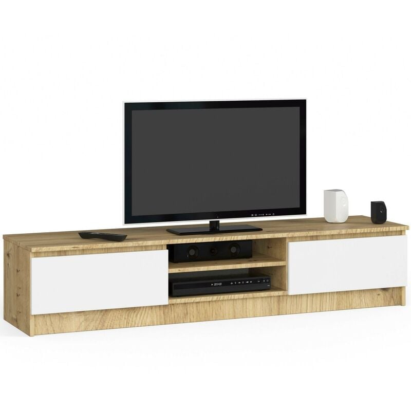 Akord - tv Schrank Fernsehkommode 160 cm Eiche Artisan 2 Türen 2 Ebenen Front Weiß B160 x H33 x T40 cm