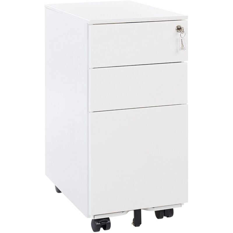 Aktenschrank Weiß Metall mit 3 Schubladen Abschließbar Rollbar Modern Metallschrank für Arbeitszimmer Büro Homeoffice Garage Werkstatt