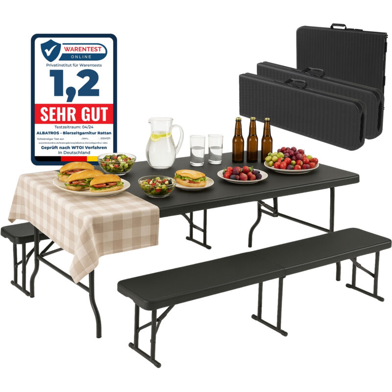 Bierzeltgarnitur Rattan – robuste Biertischgarnitur Klappbar und hohe Tragkraft – Set aus 2x Bierbank und 1x Biertisch für bis zu 10 Personen –