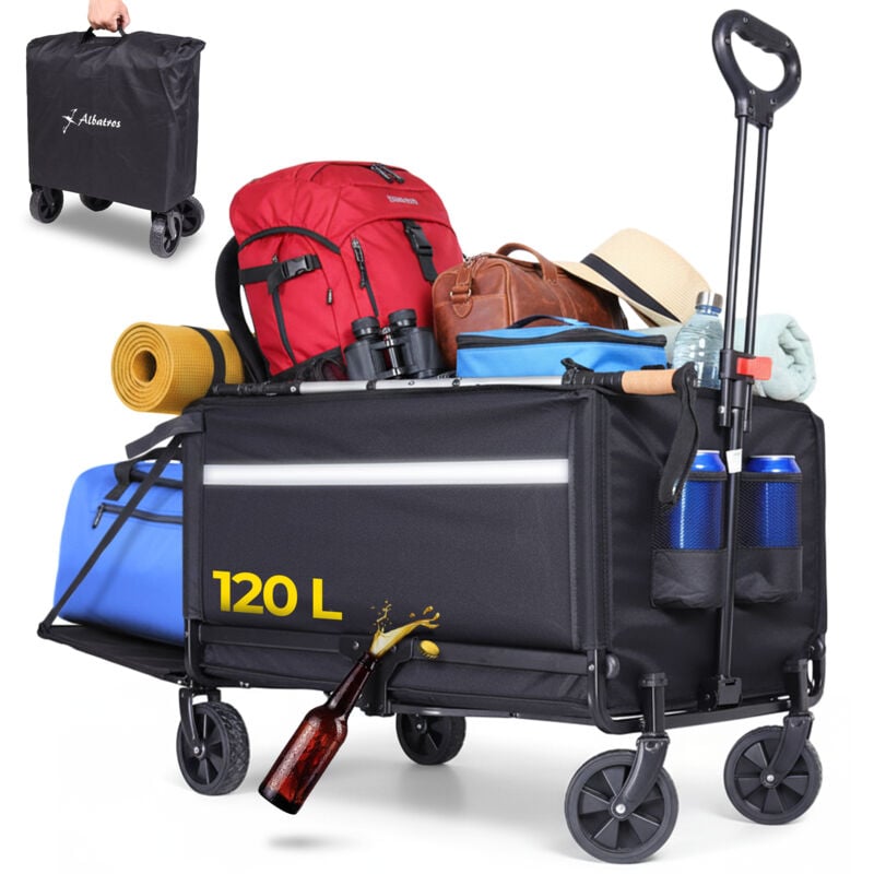 Albatros Bollerwagen klappbar 120L mit Flaschenöffner & Getränkehalter – faltbarer Handwagen mit Reflektorstreifen