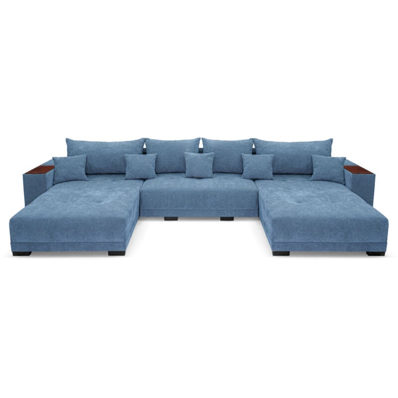 Allen u Ecksofa 360 x 185 cm, Sofa mit Schlaffunktion, Holzablage und Kissen, Ecksofa mit Bettkasten, U-Form für Wohnzimmer in Blau