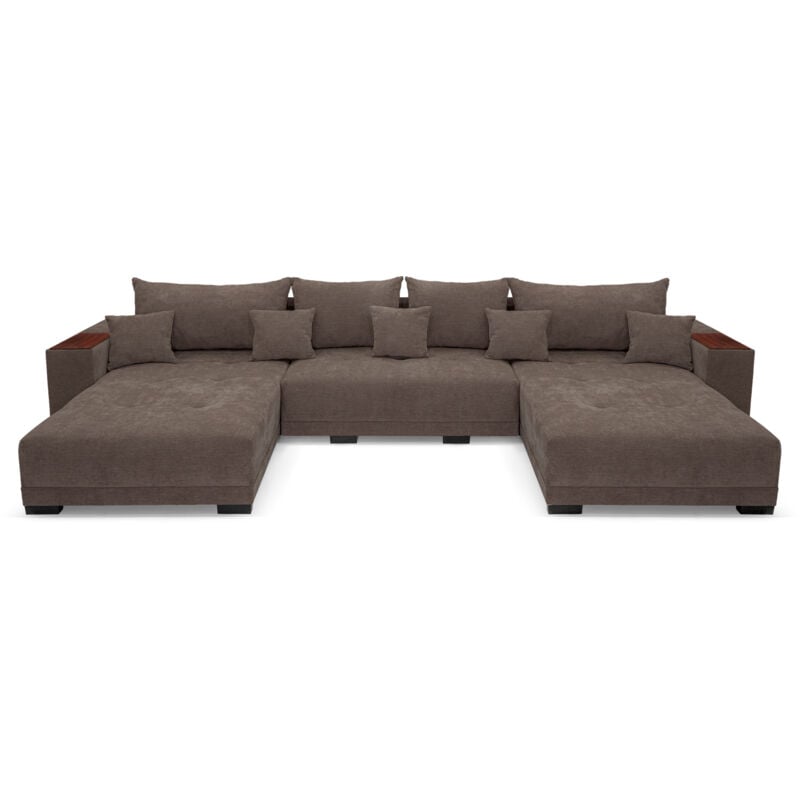 Allen u Ecksofa 360 x 185 cm, Sofa mit Schlaffunktion, Holzablage und Kissen, Ecksofa mit Bettkasten, U-Form für Wohnzimmer in Brown