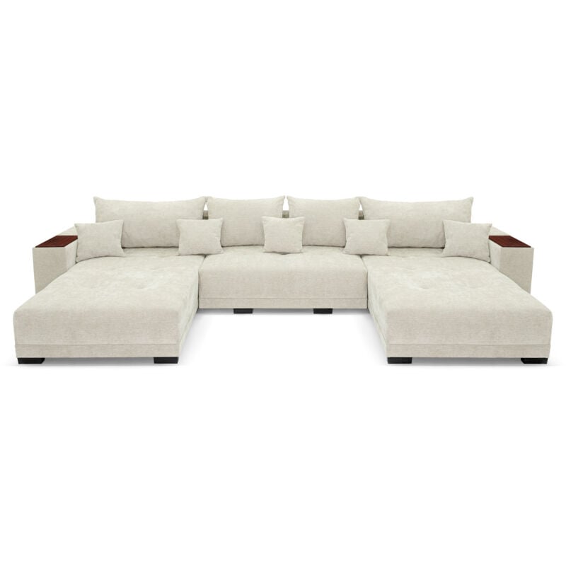 Allen u Ecksofa 360 x 185 cm, Sofa mit Schlaffunktion, Holzablage und Kissen, Ecksofa mit Bettkasten, U-Form für Wohnzimmer in zartes Beige
