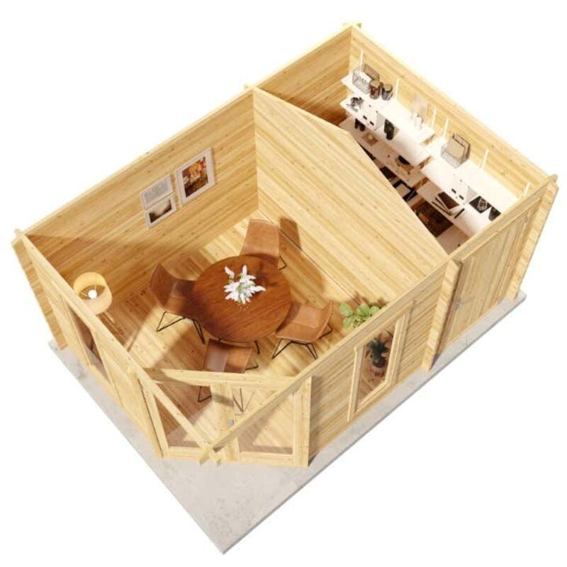 5-Eck Gartenhaus Liwa Compact mit Anbau Gartenhaus aus Holz in Pinie, Holzhaus mit 40 mm Wandstärke, Blockbohlenhaus mit Montagematerial - Alpholz