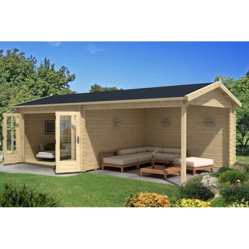 Gartenhaus Freiburg-44 iso Gartenhaus aus Holz, Holzhaus mit 44 mm Wandstärke inklusive Terrasse, Blockbohlenhaus mit Montagematerial - Alpholz