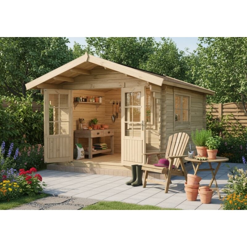 Alpholz Gartenhaus Gabriel-34 300 x 400 cm Gartenhaus aus Holz in Pinie, Holzhaus mit 34 mm Wandstärke, Blockbohlenhaus mit Montagematerial