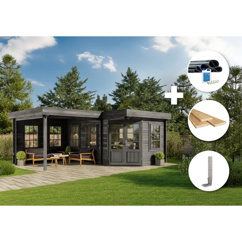 Eco Set - Gartenhaus 5-Eck Pepe -grau Gartenhaus aus Holz in Grau, Holzhaus mit 40 mm Wandstärke Blockbohlenhaus - Alpholz