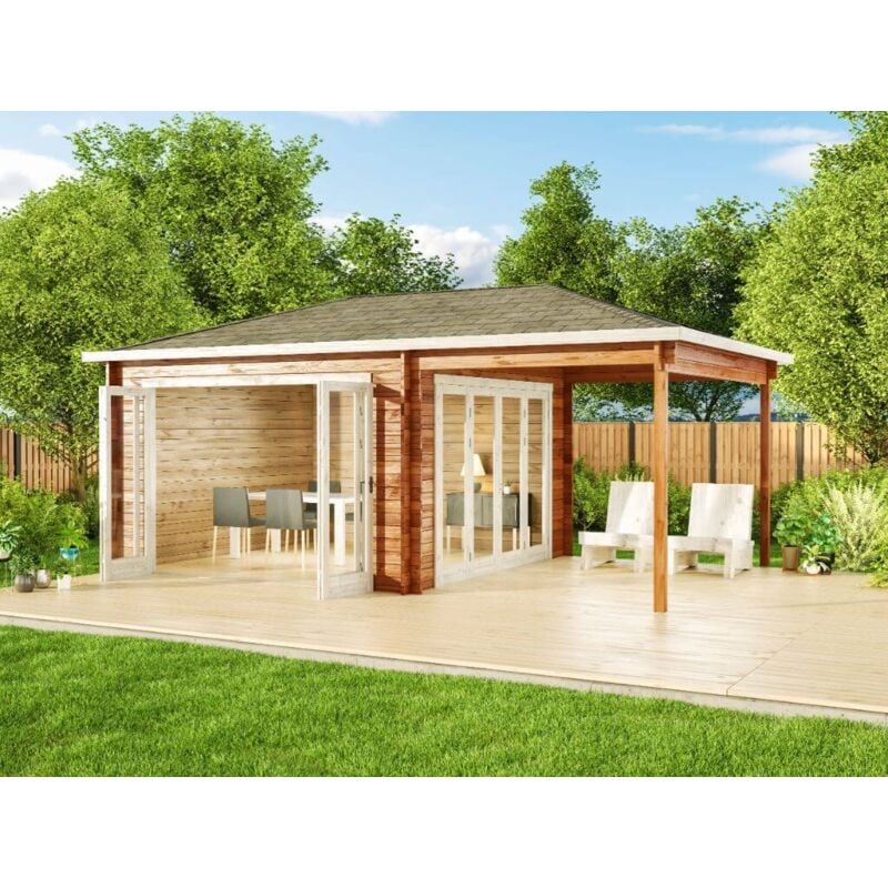 Gartenhaus Sunshine iso mit Schleppdach Gartenhaus aus Holz, Holzhaus mit 40 mm Wandstärke inklusive Terrasse, Blockbohlenhaus mit Montagematerial