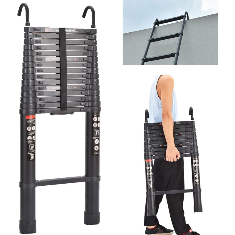 Aluminium-Teleskopleiter mit Haken 6.2m 15 Stufen Teleskop gerade Leiter Platzsparende En 131 Zertifikat Maximale Last 150Kg Für Fensterreinigung