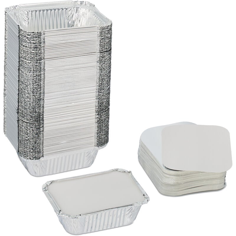 Relaxdays Aluschalen mit Deckel, 100er Set, 260 ml, zum Backen & Grillen, Assietten für Gastronomie, Alubehälter, silber