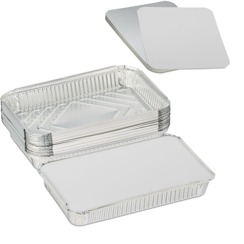 Aluschalen mit Deckel, 25er Set, 1800 ml, zum Backen & Grillen, Assietten für Gastronomie, Alubehälter, silber - Relaxdays