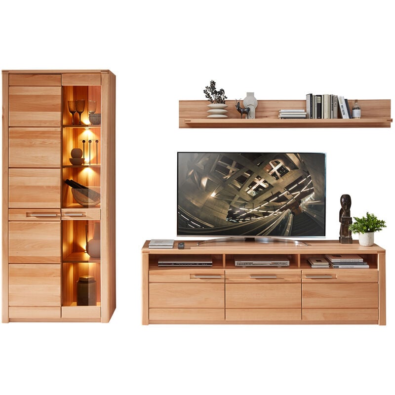 Anbauwand Wohnwand inkl. Beleuchtung, Front Kernbuche massiv NEWTON-36