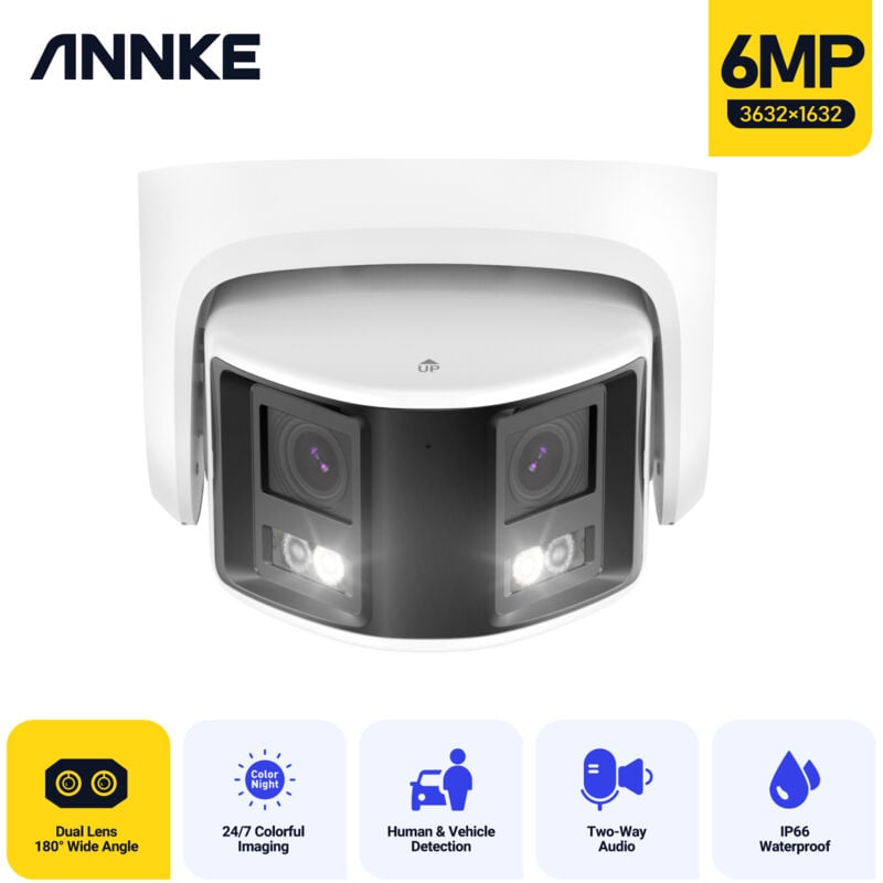 6MP poe Überwachungskamera Außenbereich, 180° Panorama Doppelobjektiv, Farbnachtsicht, cctv Überwachungskamera - Annke
