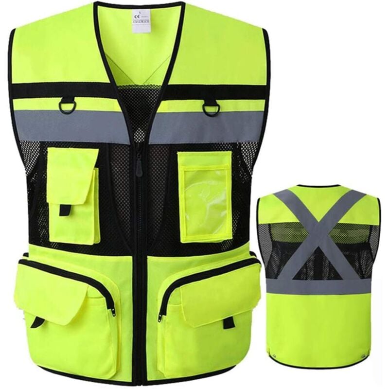 ANSI Gelb Schwarz Warnweste mit 9 Taschen, reflektierende Sicherheitsweste, Netzstoffweste mit großen Taschen für Männer und Frauen (Gelb Schwarz)