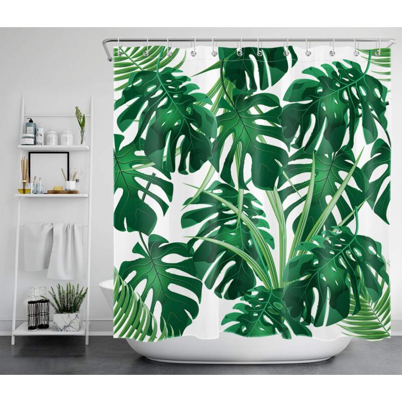 Anti-Schimmel-Duschvorhang, 180 x 200 cm, grün-weiße Blätter, Badevorhänge, tropische Monstera-Pflanze im Wald, wasserdichtes Polyestergewebe,