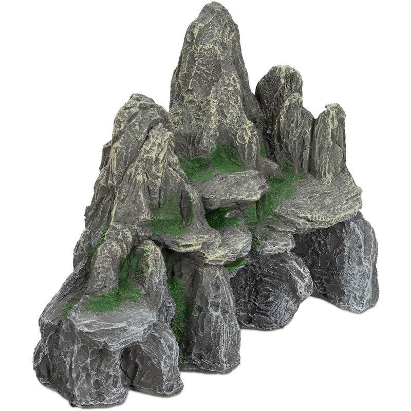 Aquarium Deko, Fels mit Höhlen, Einrichtung Zubehör für Aquarium u. Terrarium, stehend, 21 cm hoch, grau-grün - Relaxdays