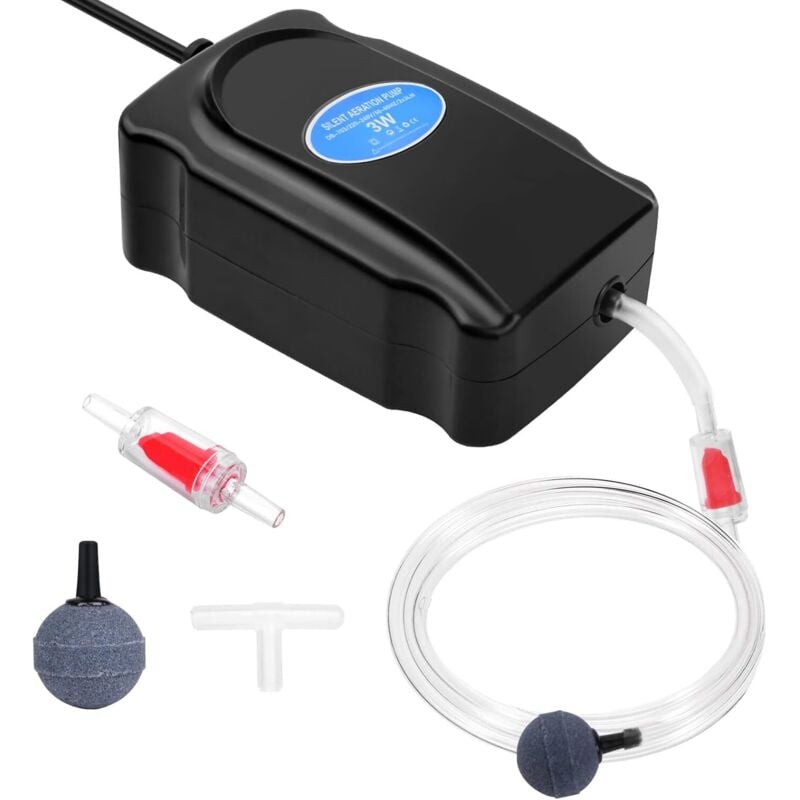 Jalleria - Aquarium-Luftpumpe, 3 w, einstellbar, leistungsstarker Aquarium-Sprudler für 5–300 l Aquarium, ultraleise, mit 1,5 m Schlauch