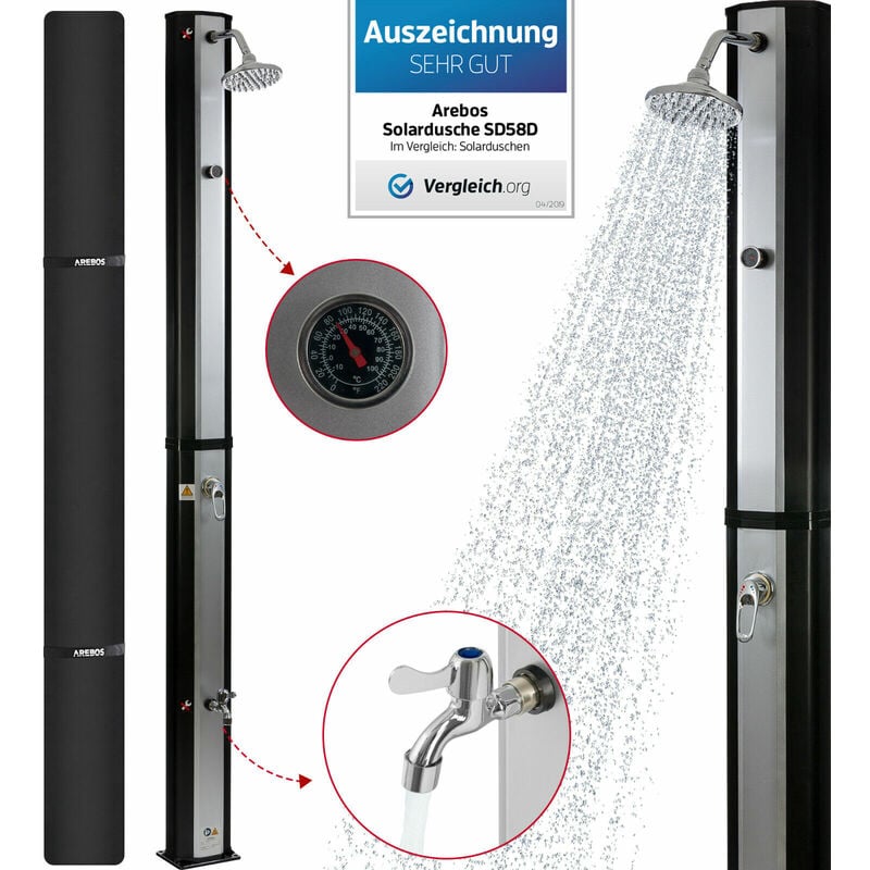Arebos - Solardusche 35 Liter höhe 216 cm mit integriertem Thermometer inklusive Abdeckhaube runder Duschkopf Fußdusche Gartenschlauch Anschluss