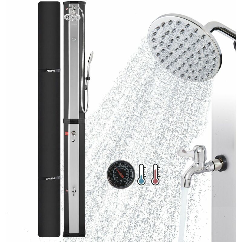 Arebos - Solardusche 60 l mit Handbrause Thermometer Wassertemperatur bis zu 60C Pooldusche Camping runder Duschkopf Snap In Technologie Inklusive