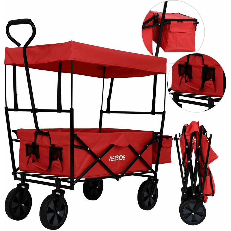 Arebos - Bollerwagen faltbar mit Dach Handwagen Transportwagen Faltwagen Gerätewagen inklusive 2 Netztaschen und Einer Aussentasche faltbar bis