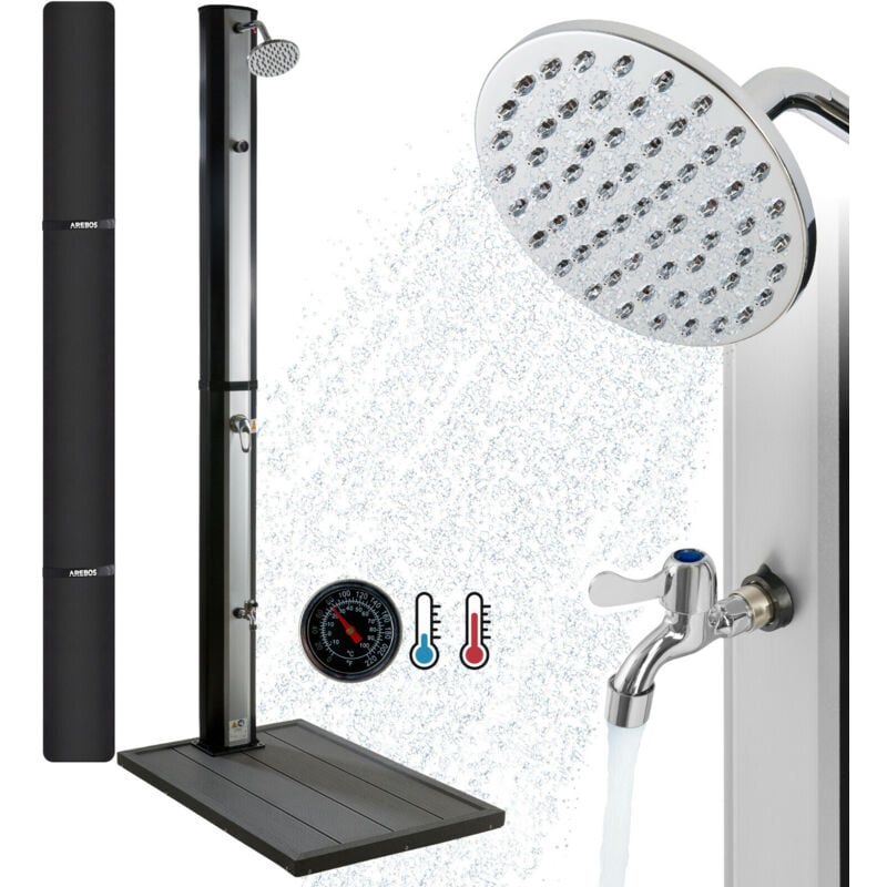 Solardusche 35L Silber-Schwarz Bodenplatte in Anthrazit inklusive Abdeckhaube mit integriertem Thermometer Fußdusche Gartenschlauch Anschluss - Arebos