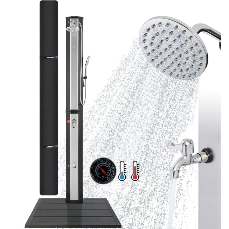 Solardusche Pooldusche 60 l Bodenelement Anthrazit mit Handbrause Thermometer runder Duschkopf Snap In Technologie Inklusive Abdeckhaube Schwarz