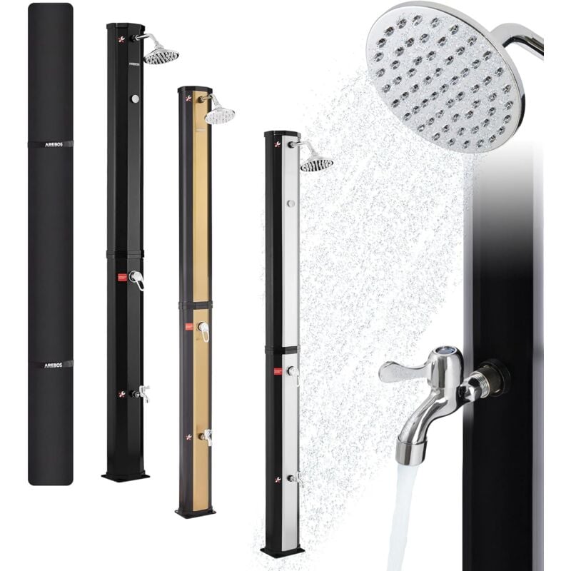 Arebos - Solardusche in Schwarz 35 Liter Tank 216 cm Höhe mit integriertem Thermometer rundem Duschkopf Fußdusche und Gartenschlauch Anschluss