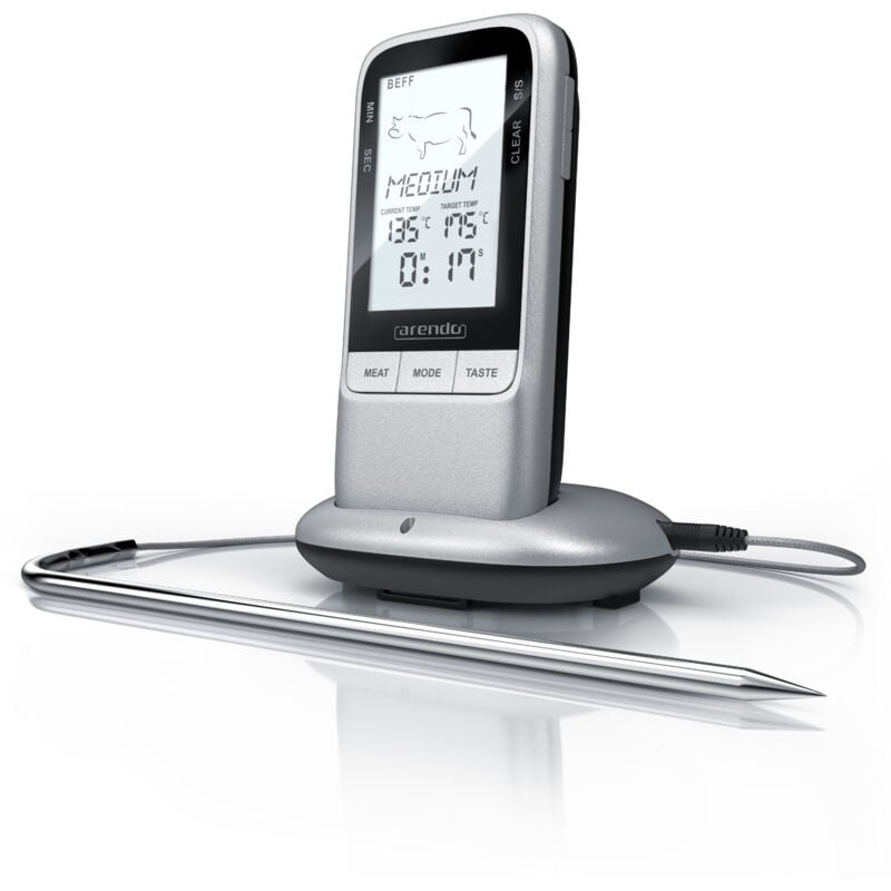Arendo Grillthermometer digital Funk Kabellos - Fleischthermometer mit Edelstahlsonde - Kerntemperatur - Alarm - BBQ Steak Grill Meat Fleisch