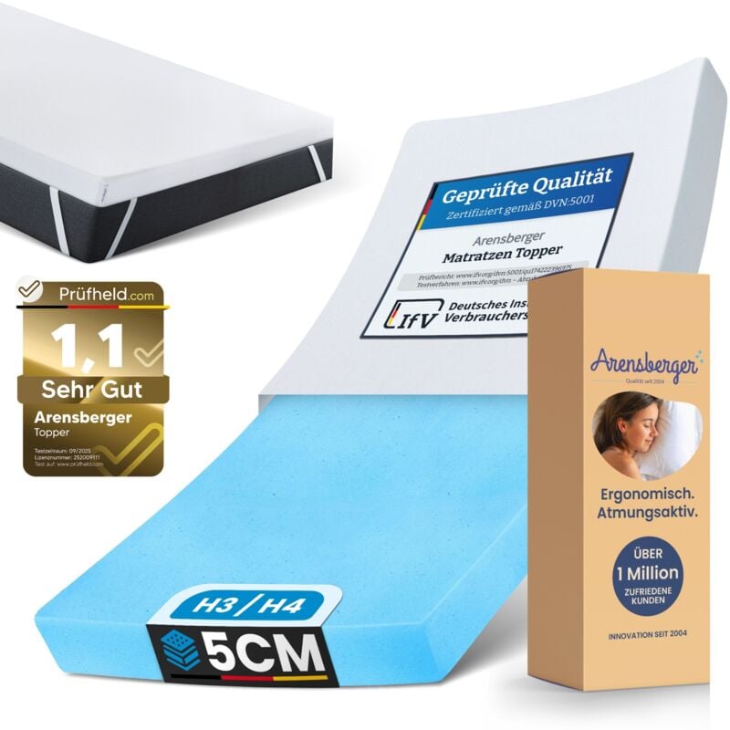 Arensberger Matratzen Topper ESSENCE, 120x200cm, Gelschaum Matratzentopper, waschbarer Bezug, geeignet für Federkern & Schaumstoff Matratzen, Höhe 5cm