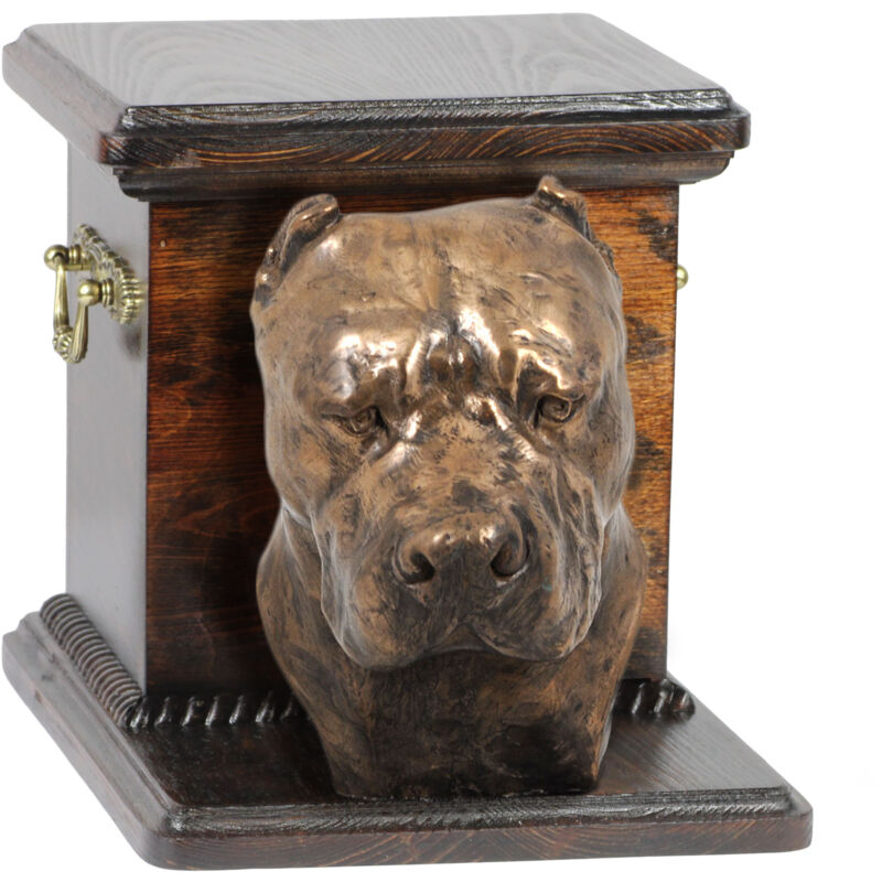 Argentinischer Hund, Dogo Argentino - eine Urne für Hundeasche mit einer Statuette, eine elegante Urne für einen Hund, eine einzigartige Urne mit