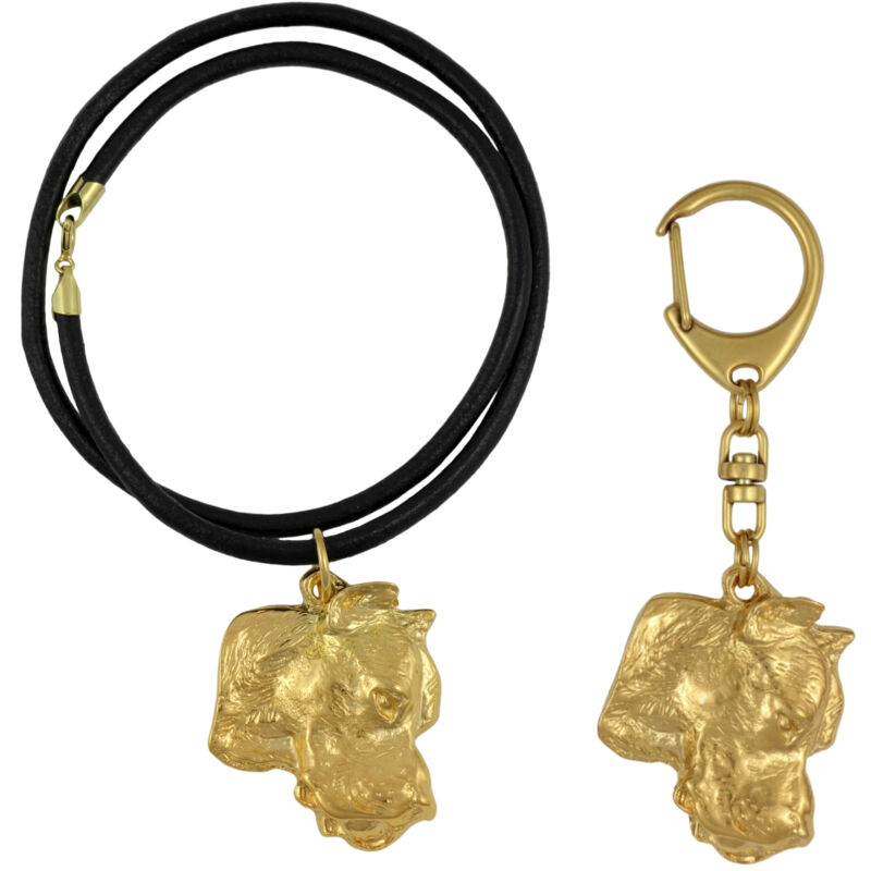 Argentinischer Hund, Dogo Argentino - Schlüsselanhänger und Halskette mit Hund in einer Box, hochwertiges vergoldetes Produkt, Marke Art-Dog
