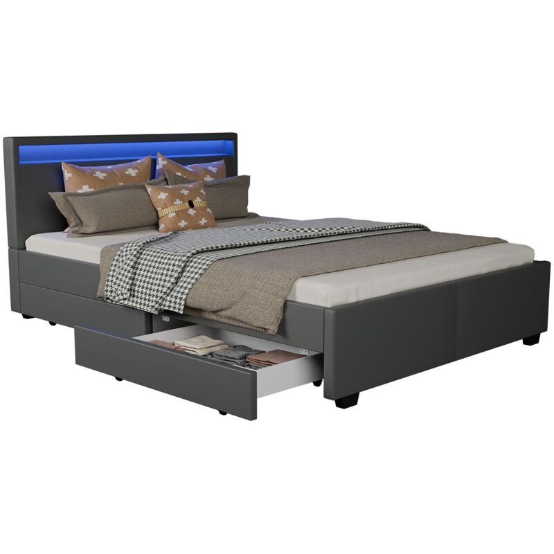 Juskys LED Polsterbett Lyon mit Bettkasten – Bettgestell aus Holz & Kunstleder mit Lattenrost – Einzelbett Jugendzimmer Möbel – 140 x 200 cm - grau