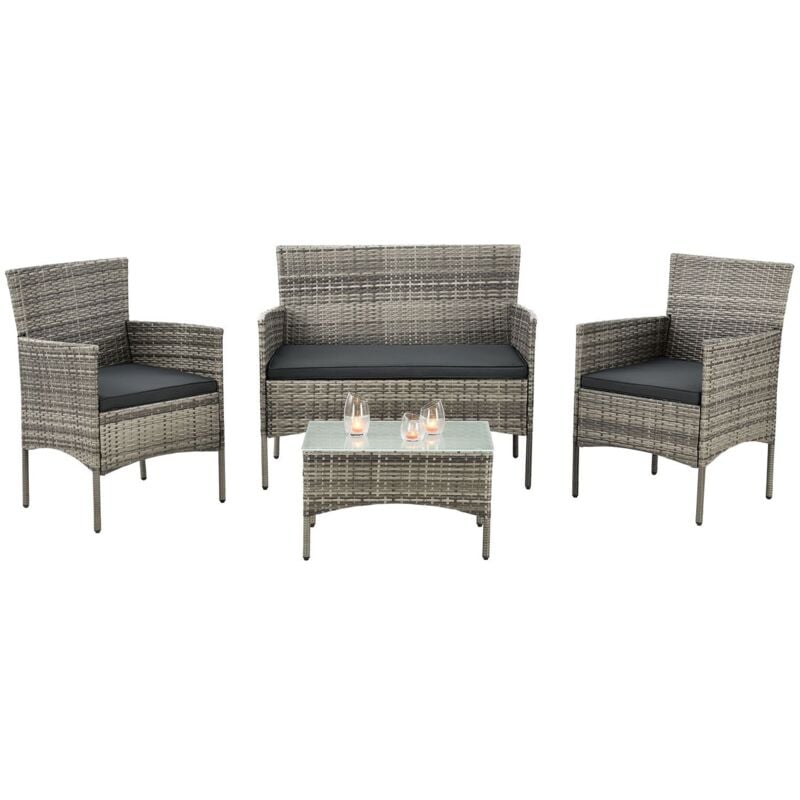 Polyrattan Gartenmöbel-Set Fort Myers – Balkonmöbel-Set mit Tisch, Sofa & 2 Stühlen – Sitzgruppe 4 Personen Beige mit Auflagen Grau - Juskys