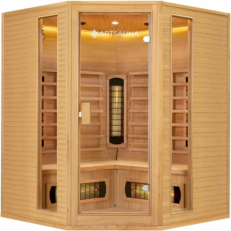 Eck-Infrarotkabine Nyborg E150V - Infrarotsauna 150x150 cm Vollspektrumstrahler für 4 Personen - LED-Farblicht - Wärmekabine aus Hemlockholz