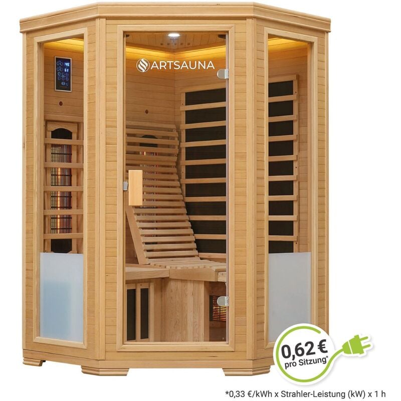 Artsauna Eck-Infrarotkabine Aalborg - Infrarotsauna für bis zu 2 Personen mit Dual-Technologie, LED-Farblicht & Liege - Wärmekabine 120x120 cm