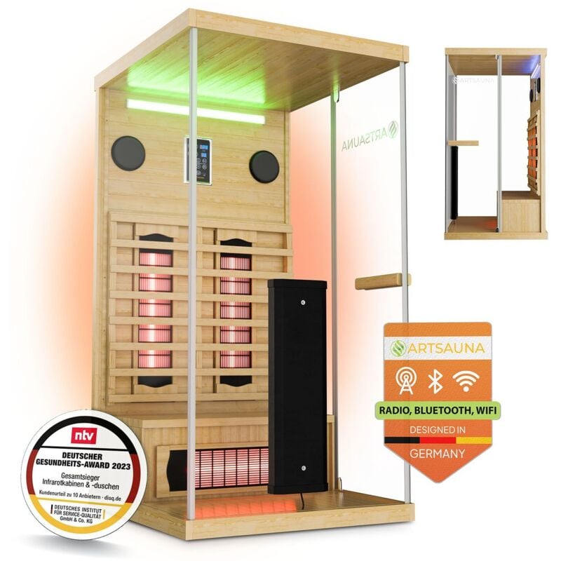 Artsauna Infrarotkabine Göteborg 90 – Natur, Wärmekabine mit Vollspektrumstrahlern, Hemlockholz & Sicherheitsglas, LED-Beleuchtung