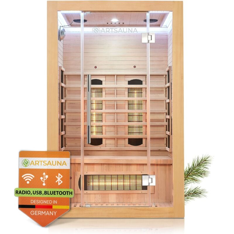 Infrarotkabine Kiruna120 mit 5 Vollspektrum- & 3 Flächenstrahler, 2 Personen, 120 x 105 x 190 cm, led Farblicht & Glastür, Infrarotsauna Sauna