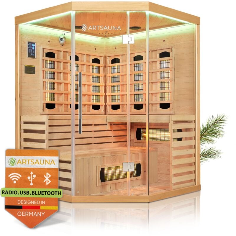Infrarotkabine Kiruna150 mit 8 Vollspektrum- & 1 Flächenstrahler, 3 Personen, 150 x 150 cm, led Farblicht & Glasfront, Infrarotsauna Sauna - Artsauna