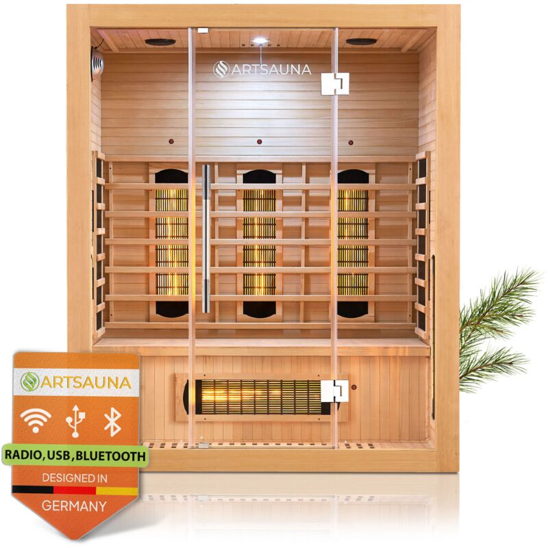 Infrarotkabine Kiruna160 mit 6 Vollspektrum- & 3 Flächenstrahler, 3 Personen, 160x105x190 cm, led Farblicht & Glastür, Infrarotsauna Sauna - Artsauna