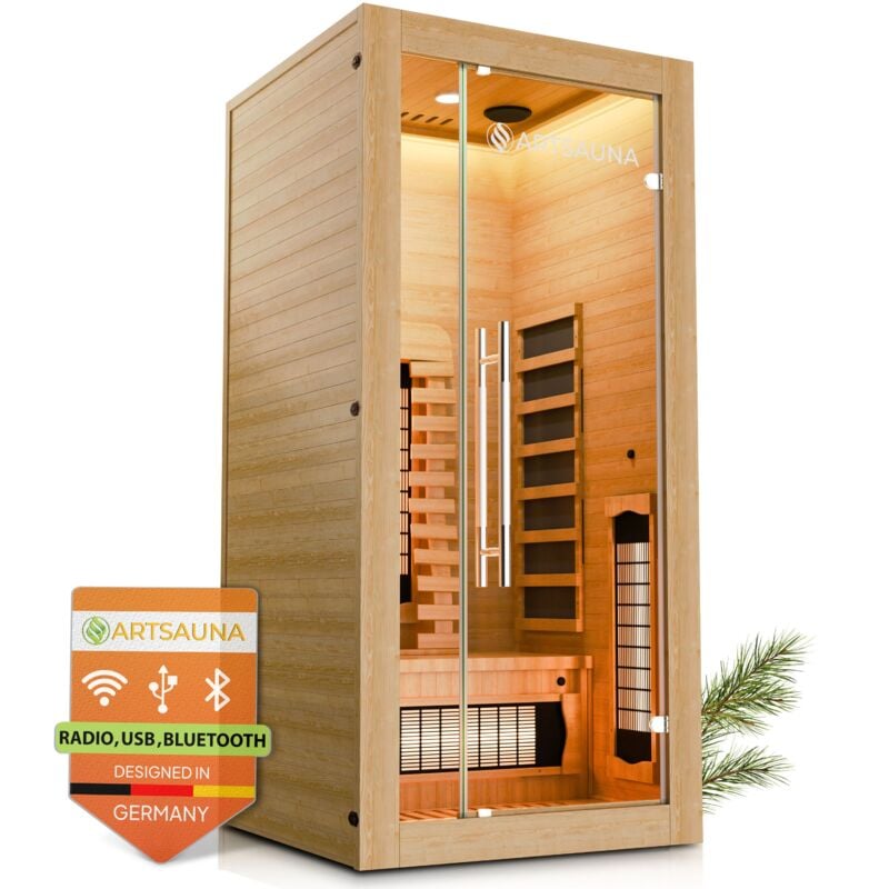 Infrarotkabine Kiruna90 Premium mit Vollspektrum- & Flächenstrahler, 1 Person, led Farblicht & Glastür, Infrarotsauna Sauna - Artsauna