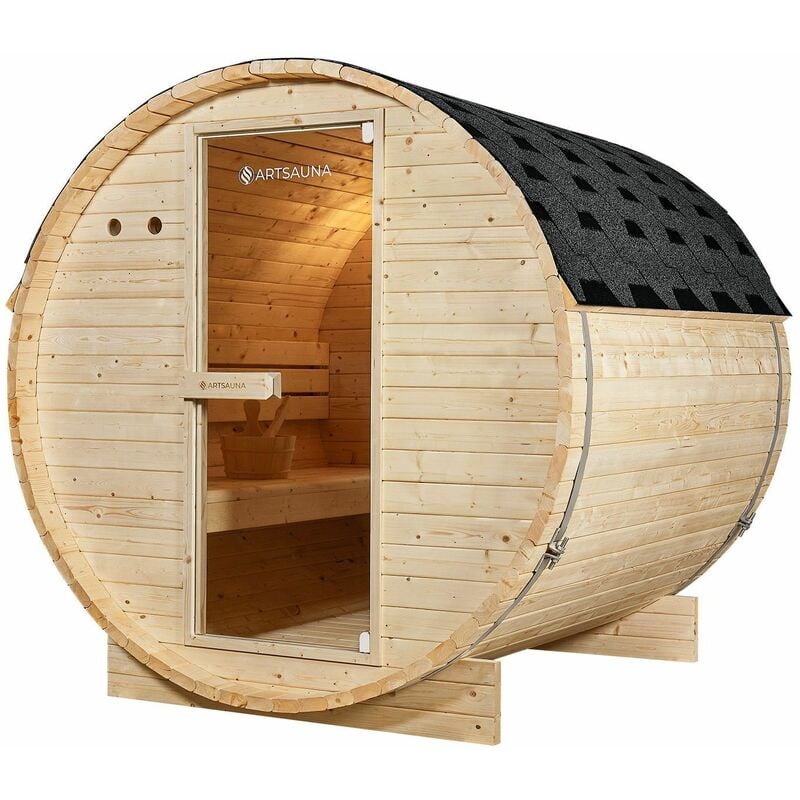 Artsauna Outdoor Fasssauna Spitzbergen 180 - 6 kW Ofen, Saunasteine & Zubehör - Saunafass aus Fichtenholz - Gartensauna - 4 Personen