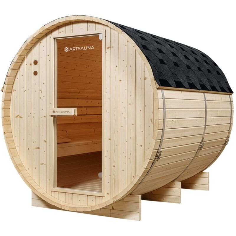 Outdoor Fasssauna Spitzbergen 220 - 8 kW Ofen, Saunasteine & Zubehör - Saunafass aus Fichtenholz - Gartensauna - 6 Personen - Artsauna