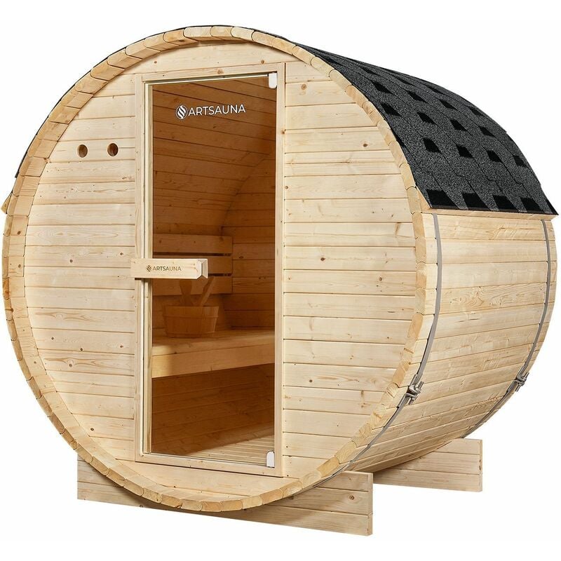 Outdoor Fasssauna Spitzbergen 120 - 3,6 kW Ofen, Saunasteine & Zubehör - Saunafass aus Fichtenholz - Gartensauna - 2 Personen - Artsauna