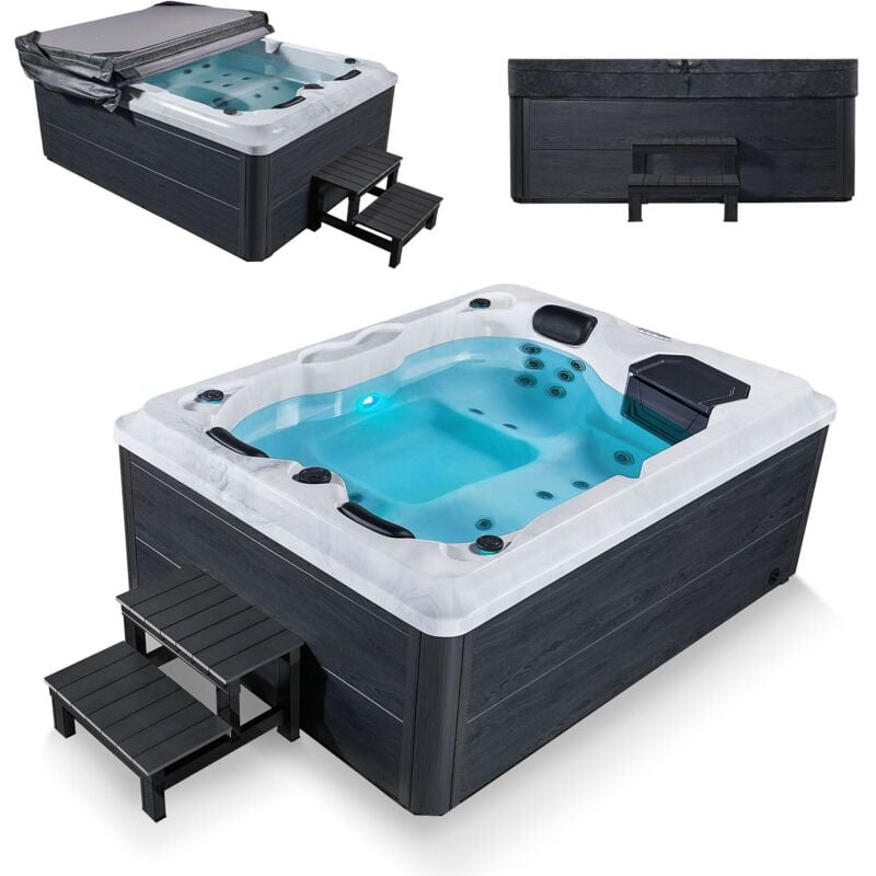 Artsauna Outdoor Whirlpool Oasis mit Treppe - Spa mit Massagedüsen, LED-Beleuchtung, 2 Filter, Abdeckung, Pumpe - Whirlpool winterfest & beheizbar