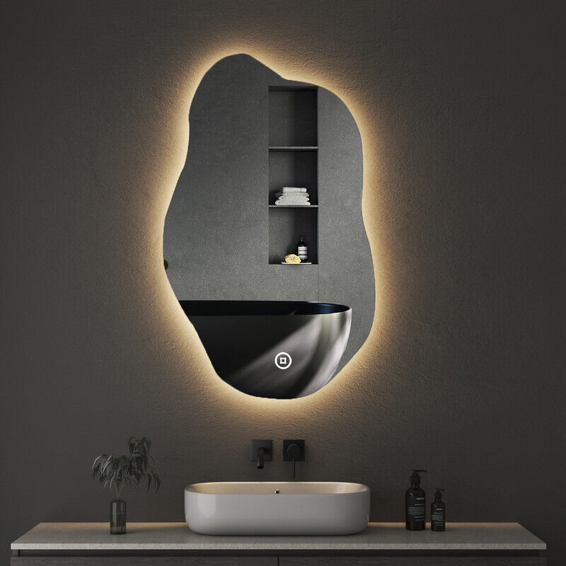Asymmetrischer led Badspiegel 52 x 85 cm Spiegel mit Licht led Spiegel mit Touch-Schalter, Dimmbar 3 Lichtfarbe Einstellbare