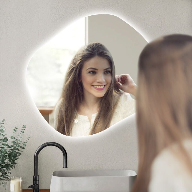 Asymmetrischer Spiegel mit Beleuchtung 74x84cm led Badspiegel mit Beleuchtung Spiegel mit Licht led Spiegel mit Touch-Schalter, Dimmbar 3 Lichtfarbe